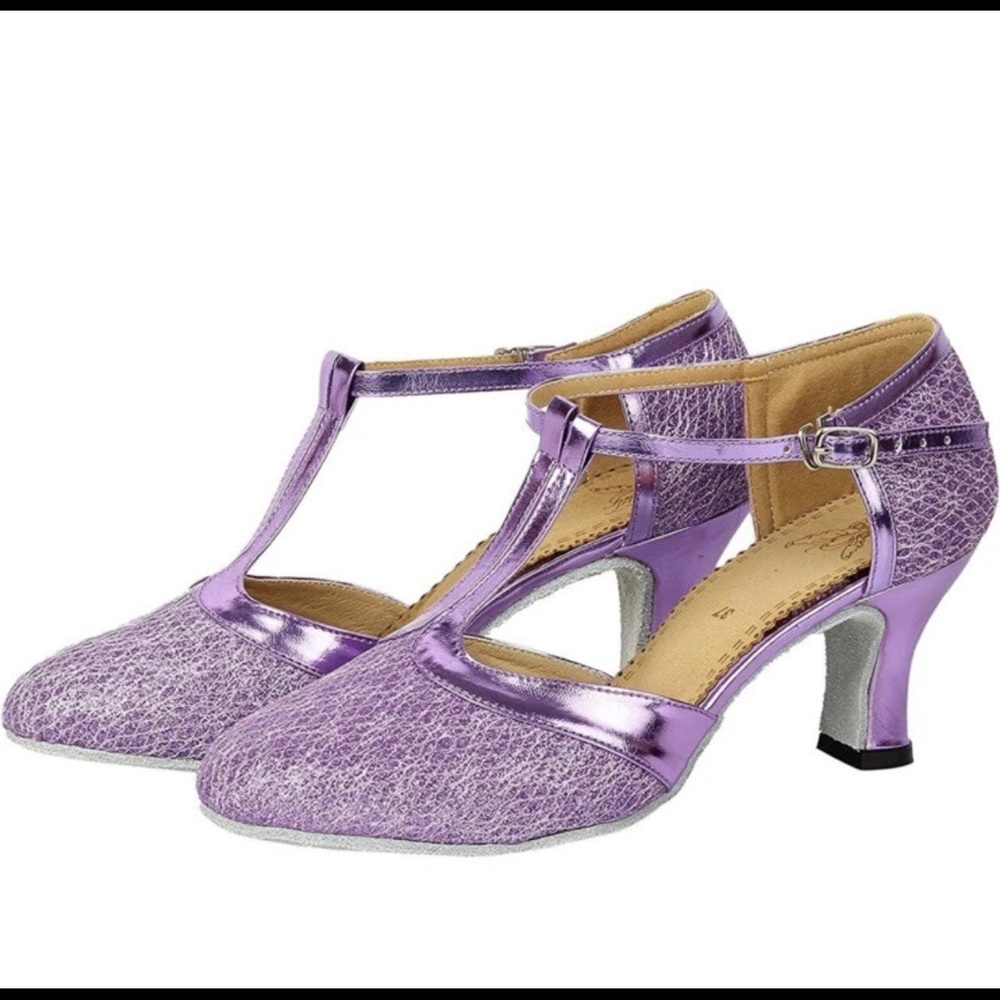 Oncli purple ballroom dancing shoes purple heels leather sole size 6